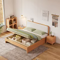 Wooden Double Bed With Light Headboard Green Blue Bedding Nightstand In Modern Cozy Bedroom