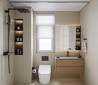 Modern Bathroom Interior Design With Shower Shelves Toiletries Window Blinds Mirror And Wooden Vanity 3d model