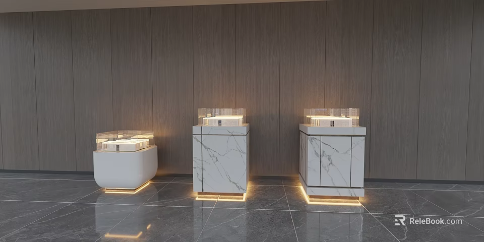 Three Modern Marble Display Cabinets With Illuminated Base In Contemporary Space 3d model