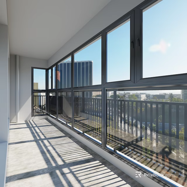 Modern Home Balcony Featuring Large Glass Windows And City View With Sunlight 3d model 