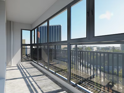 Modern Home Balcony Featuring Large Glass Windows And City View With Sunlight 3d model