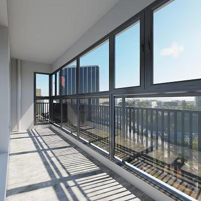 Modern Home Balcony Featuring Large Glass Windows And City View With Sunlight 3d model