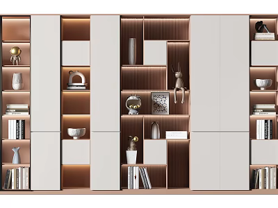 Modern Elegant Bookcase Design With Open Shelves Metal Accents And Decorative Items 3d model