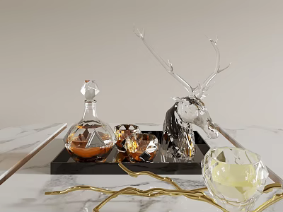Elegant Wine Bottle and Glasses on Black Tray with Crystal Deer Head on Marble Tabletop 3d model