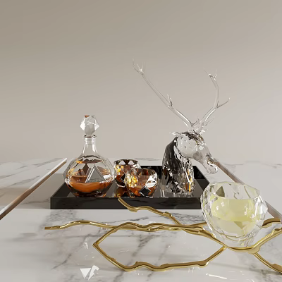 Elegant Wine Bottle and Glasses on Black Tray with Crystal Deer Head on Marble Tabletop 3d model