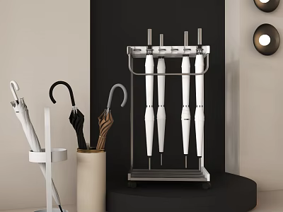 Modern Metal Umbrella Stand With White Black And Brown Umbrellas For Home Entryway 3d model