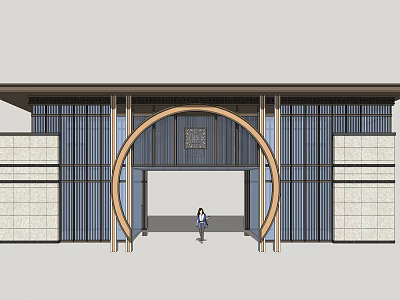 Modern Traditional Arched Entrance Gate With Blue Vertical Panels And Stone Walls 3d model