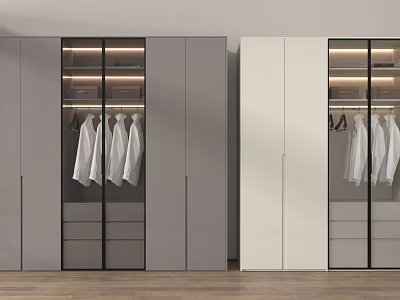 Modern Gray And White Wardrobe With Glass Door Hanging Area And Drawers 3d model