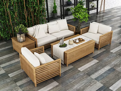 Stylish Outdoor Sofa With Wooden Frame White Cushions Coffee Table And Green Plants 3d model