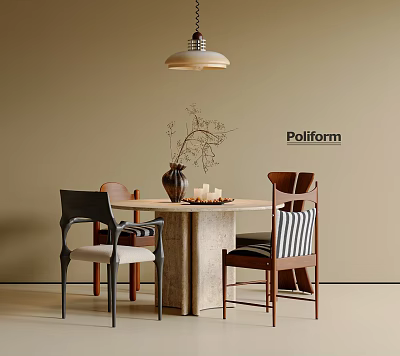 Poliform Dining Table Set With Chairs Vase Branches Candles And Pendant Light 3d model