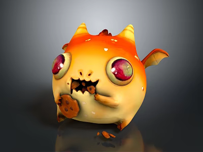 Cute Small Horned Creature With Orange Yellow Body Big Red Eyes Eating Cookie And Crumbs 3d model