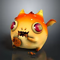 Cute Small Horned Creature With Orange Yellow Body Big Red Eyes Eating Cookie And Crumbs