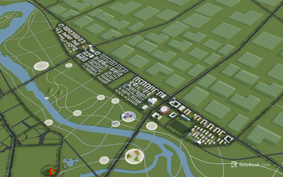 Aerial View Planning of Modern Urban Layout With River Green Areas and Circular Facilities 3d model 