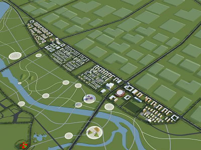 Aerial View Planning of Modern Urban Layout With River Green Areas and Circular Facilities 3d model