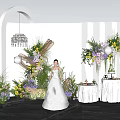 Wedding Sign In Area with Bride in White Dress Floral Decor White Arch and Chandelier