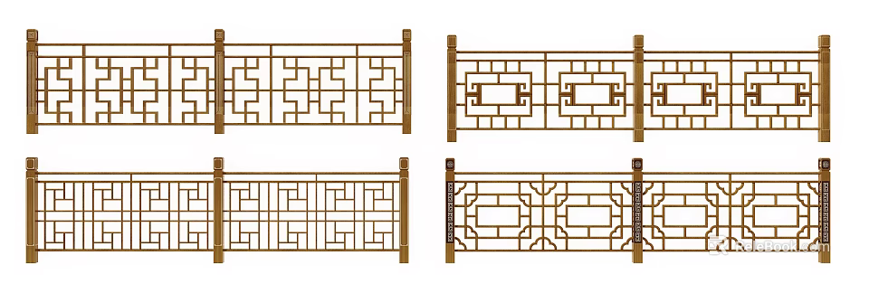 Traditional Chinese Style Railing Designs With Geometric Patterns And Wooden Posts 3d model