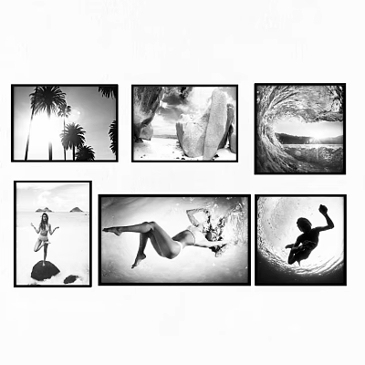 Black And White Figure Art Collage With Surfing And Underwater Poses 3d model