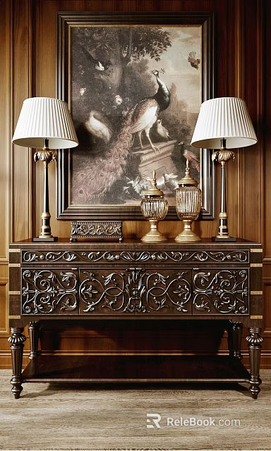 Vintage Wooden Console Table With Carved Patterns Gold Accents And Decorative Lamps 3d model 