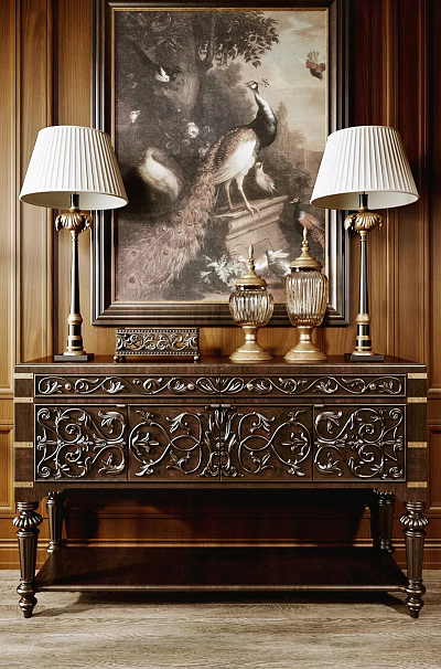 Vintage Wooden Console Table With Carved Patterns Gold Accents And Decorative Lamps 3d model
