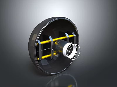 Black Circular Computer Component With Yellow Strips And Silver Cylindrical Center 3d model