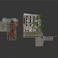 Urban Damaged Building Structures With Platform Trees And Brick Paved Ground