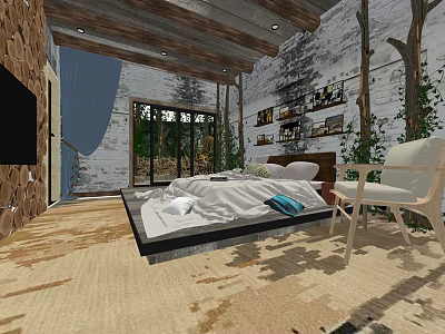 Hotel Room Interior With Wooden Ceiling Brick Wall Bed And Green Vines 3d model