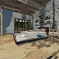 Hotel Room Interior With Wooden Ceiling Brick Wall Bed And Green Vines