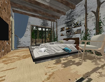 Hotel Room Interior With Wooden Ceiling Brick Wall Bed And Green Vines 3d model