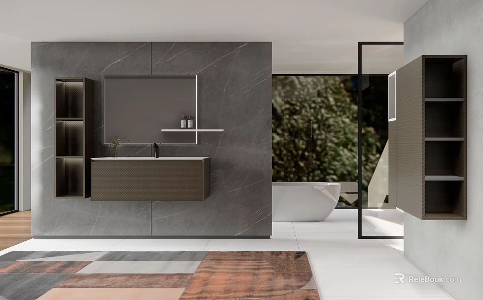 Modern Bathroom Interior With Gray Wall Large Mirror Vanity Bathtub And Greenery 3d model 