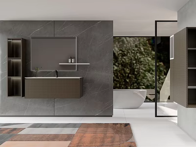 Modern Bathroom Interior With Gray Wall Large Mirror Vanity Bathtub And Greenery 3d model