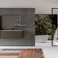 Modern Bathroom Interior With Gray Wall Large Mirror Vanity Bathtub And Greenery