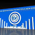 Blue Background Wall With White Text ICV Circular Logo And City Skyline Striped Patterns