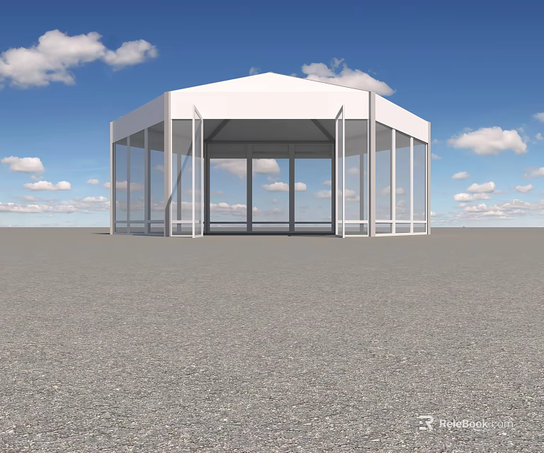 White Octagonal Building With Glass Walls On Open Ground Under Blue Sky And White Clouds 3d model 