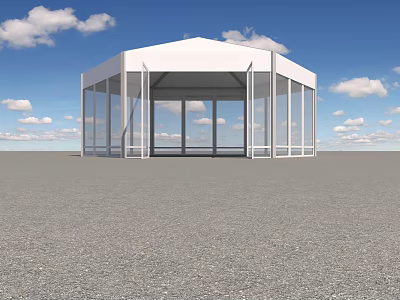 White Octagonal Building With Glass Walls On Open Ground Under Blue Sky And White Clouds 3d model