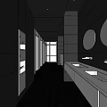 Public Toilet Interior With Long Corridor Stalls Hexagonal Pendant Lights And Window