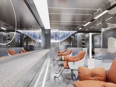 Modern Beauty Salon Interior With Styling Chairs Mirrors And Lighting Design 3d model