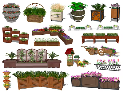 Various Styles Flower Pots And Planters With Wooden Wicker Multi Layered Designs For Garden Decoration 3d model