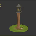 Unique Tower Like Wall Decor With Gray Roof Brown Pillar Green Grass And Birds