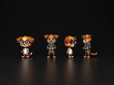 Four Reptile Figurines Wearing Glasses And Clothes Standing In Different Angles 3d model