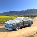 Silver BMW Coupe On Dirt Road Amid Yellow Flower Field Distant Mountains And Blue Sky