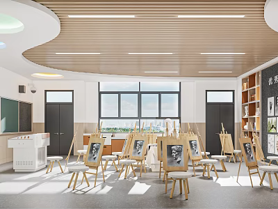 Modern Wooden Shoe Bench In Classroom With Easels Blackboard And Shelves 3d model