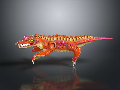 Colorful Mechanical Dinosaur With Red Orange Body And Pink Head Decorations Fantasy Art Style Design 3d model