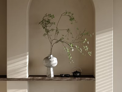 Arched Niche White Marble Vase With Green Leaf Branches On Dark Shelf Sunlight Blinds Shadows 3d model