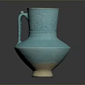 Blue Ceramic Vase Sculpture With Intricate Carved Patterns Handle And Light Colored Base
