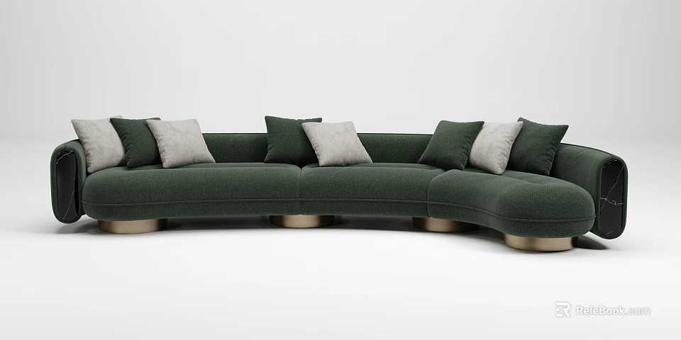 Green Curved Sectional Sofa With Gray and Green Cushions and Gold Legs for Living Room 3d model 