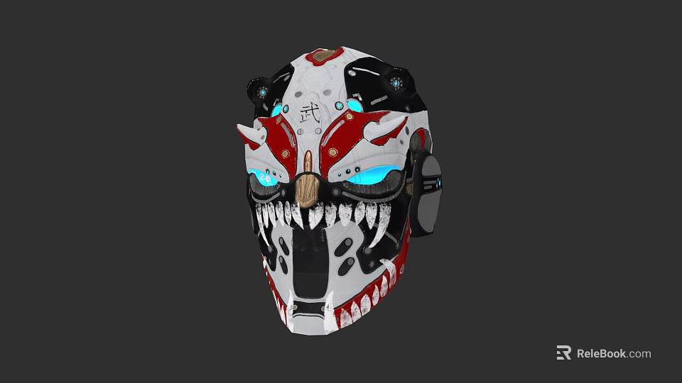 Futuristic Mechanical Mask With Red And White Design Blue Glowing Eyes And Sharp Fangs 3d model 