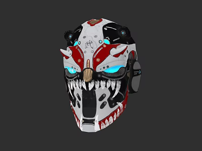 Futuristic Mechanical Mask With Red And White Design Blue Glowing Eyes And Sharp Fangs 3d model