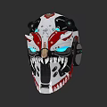 Futuristic Mechanical Mask With Red And White Design Blue Glowing Eyes And Sharp Fangs