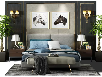 Background Double Bed with Horse Wall Art Bedside Tables Lamps Potted Plants and Upholstered Headboard 3d model