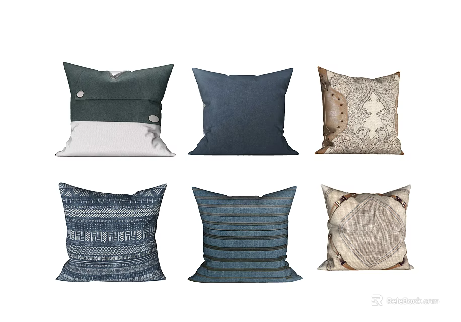Stylish Decorative Throw Pillows With Various Patterns Colors And Button Details 3d model